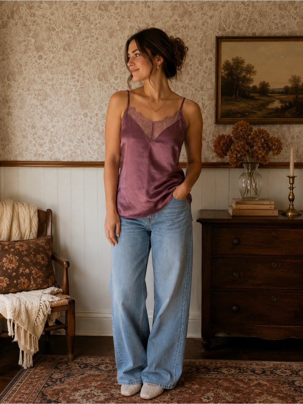 Satin Lace-Trim Camisole in Mauve